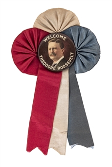 1900s "Welcome Theodore Roosevelt" Pin With Ribbon 